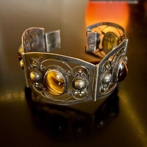 Vintage Mid Century 925 Sterling Silver Hinged Tigers Eye Chunky Cuff Bracelet